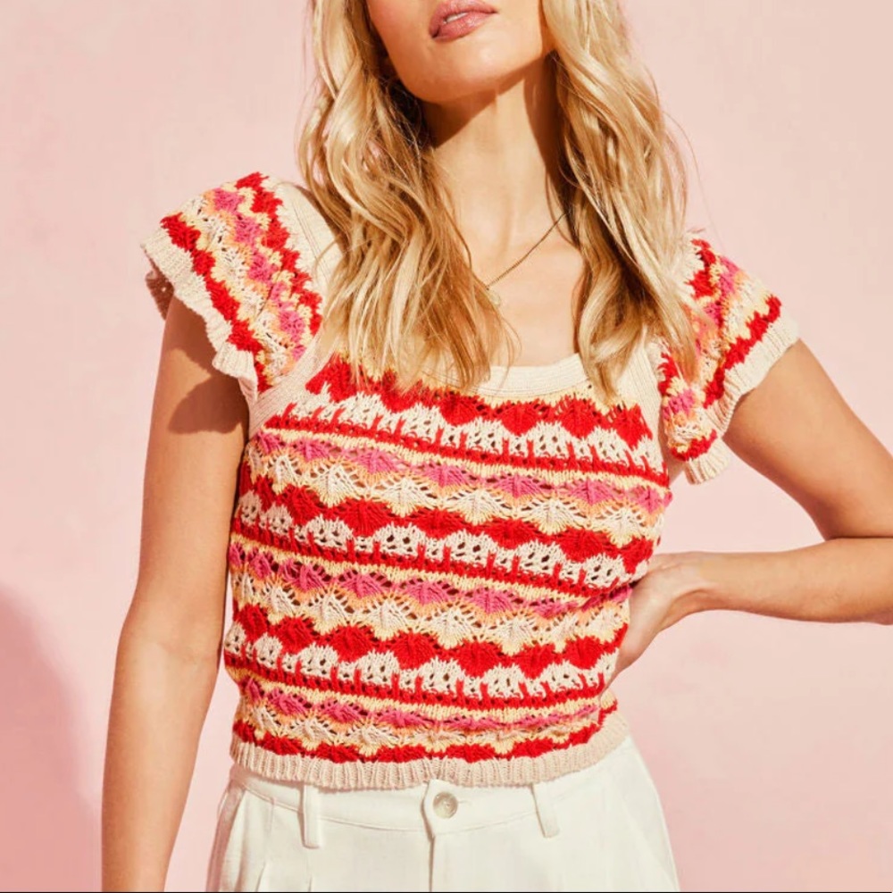 Blu Pepper Cotton Crochet Knit Flutter Sleeve Top Pink Red Cream Size Large NWT